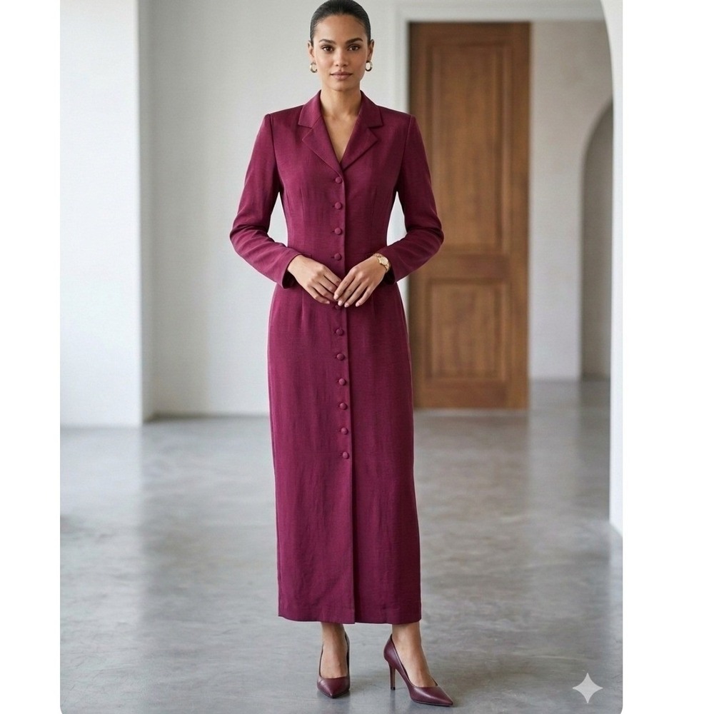 August Silk Burgundy 100% Silk Button Front Maxi Dress Duster Wine Red Size 6